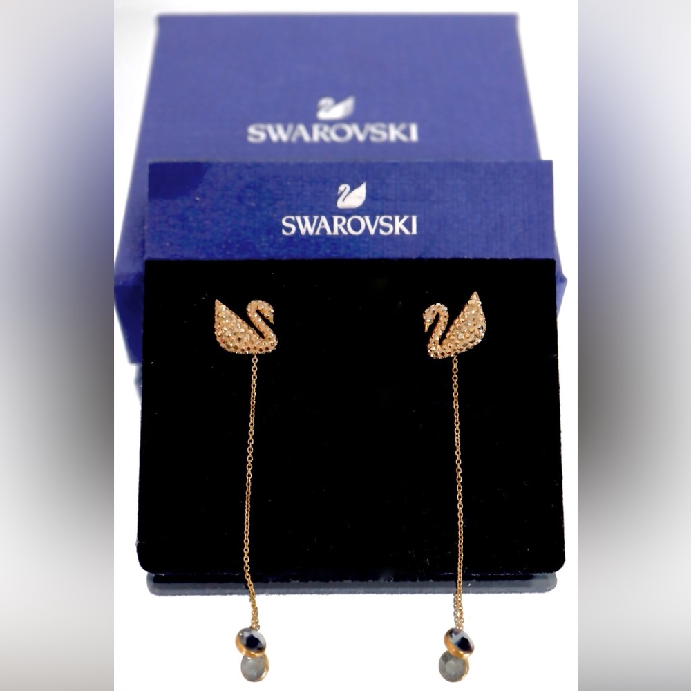 Swarovski Iconic Swan Earrings Crystal Drop 2.75” Like New With Original Box